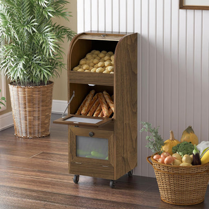 Movable Potato and Onion Storage Box with Wheels,Wooden Vegetable Storage Box,Food Storage Room with Grocery Area,Sliding Design,Modern Farmhouse Style，Suitable for Kitchen (potato bin-Walnut-02)