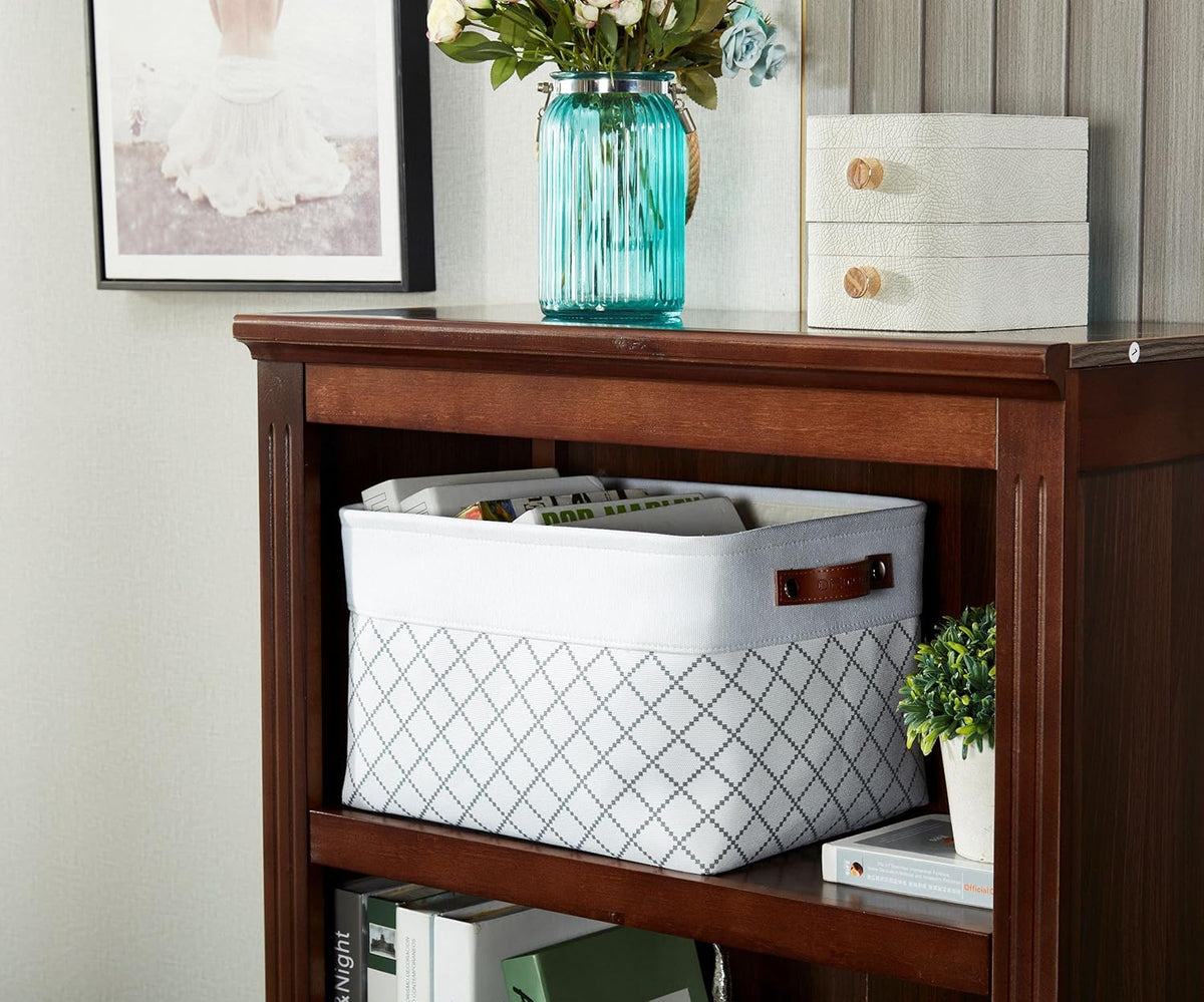 DECOMOMO Storage Bins, Large Fabric Storage Baskets for Shelves, Decorative Linen Closet Organizer, 15 x 11 x 9.5 inches (Beige & White, 3 Pack)