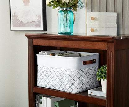 DECOMOMO Storage Bins, Large Fabric Storage Baskets for Shelves, Decorative Linen Closet Organizer, 15 x 11 x 9.5 inches (Beige & White, 3 Pack)