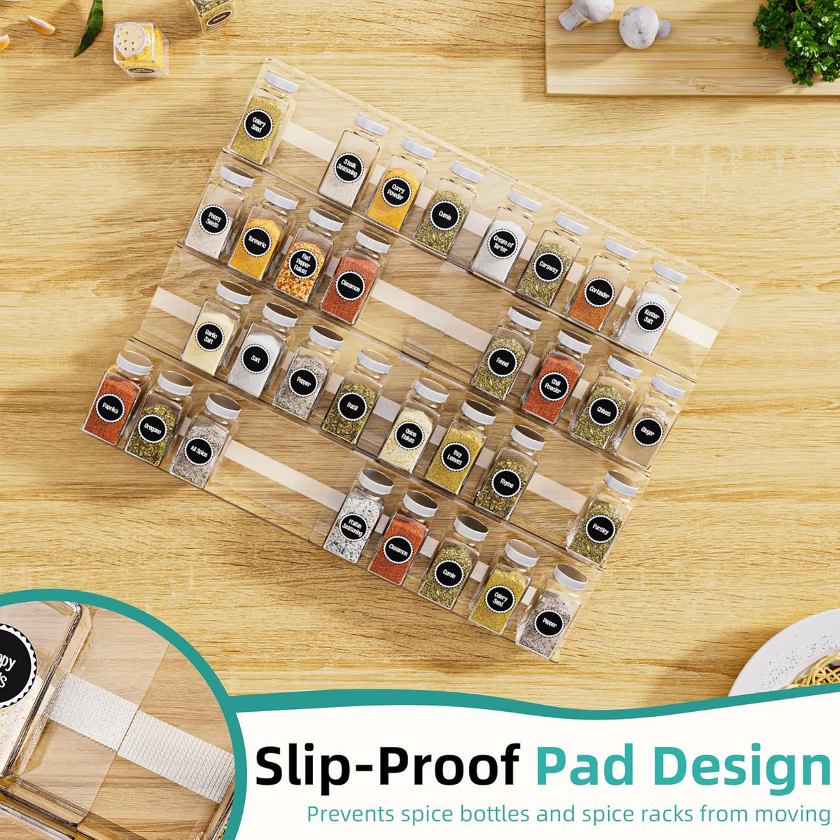 MIUKAA Acrylic Spice Drawer Organizer, 4 Tier - Seasoning Organizer for Drawer, Expandable From 13" to 26" Kitchen Drawer Spice Rack with Slip-Proof Mat (Jars not Included)