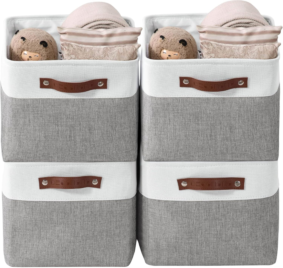 DECOMOMO Storage Bins, Large Fabric Storage Baskets for Shelves, Decorative Linen Closet Organizer, 15 x 11 x 9.5 inches (Beige & White, 3 Pack)