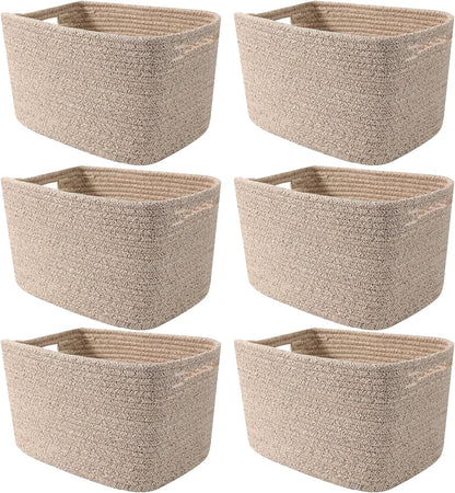 3 Pack Woven Rope Storage Baskets for Shelves,13.5"×11"×9.5" Storage Bins with Handles,Empty Gift Baskets,Nursery Organizer for Toys,Towels,Books,Closet,Living Room,Bedroom (White & Brown)