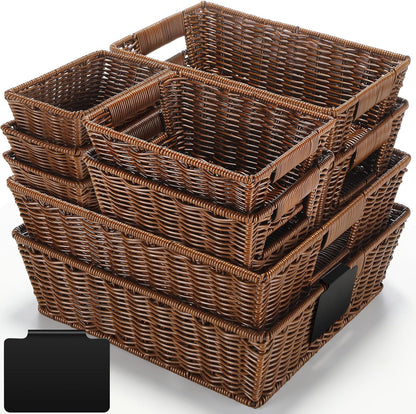 Marsui 9 Pcs Wicker Storage Baskets for Pantry Organization with Handle Labels Handwoven Multi-size Dark Brown Small Organizer Baskets Storage Bin Container for Shelves Closet Toilet Christmas Holiday