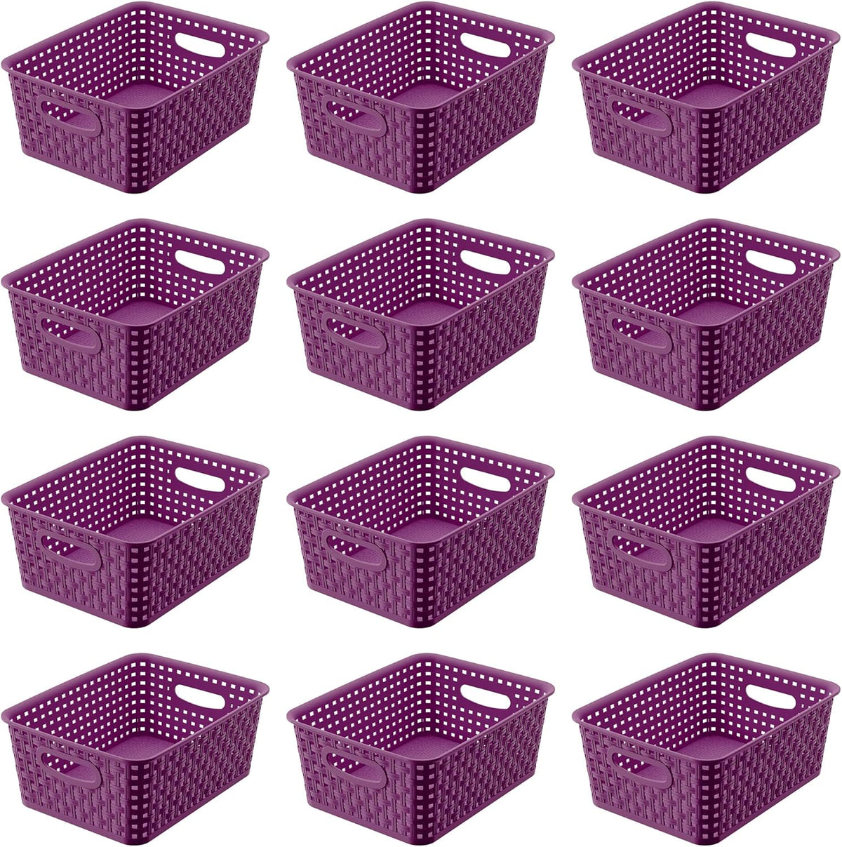 Khaki Stackable Storage Baskets, Plastic Weave Basket Organizer and Storage Set of 12, Pantry Organizing Baskets for Shelves, Kitchens, Bathrooms, Classrooms, Cabinets and Bedrooms
