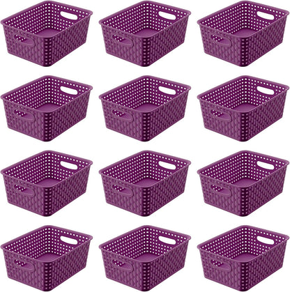 Khaki Stackable Storage Baskets, Plastic Weave Basket Organizer and Storage Set of 12, Pantry Organizing Baskets for Shelves, Kitchens, Bathrooms, Classrooms, Cabinets and Bedrooms