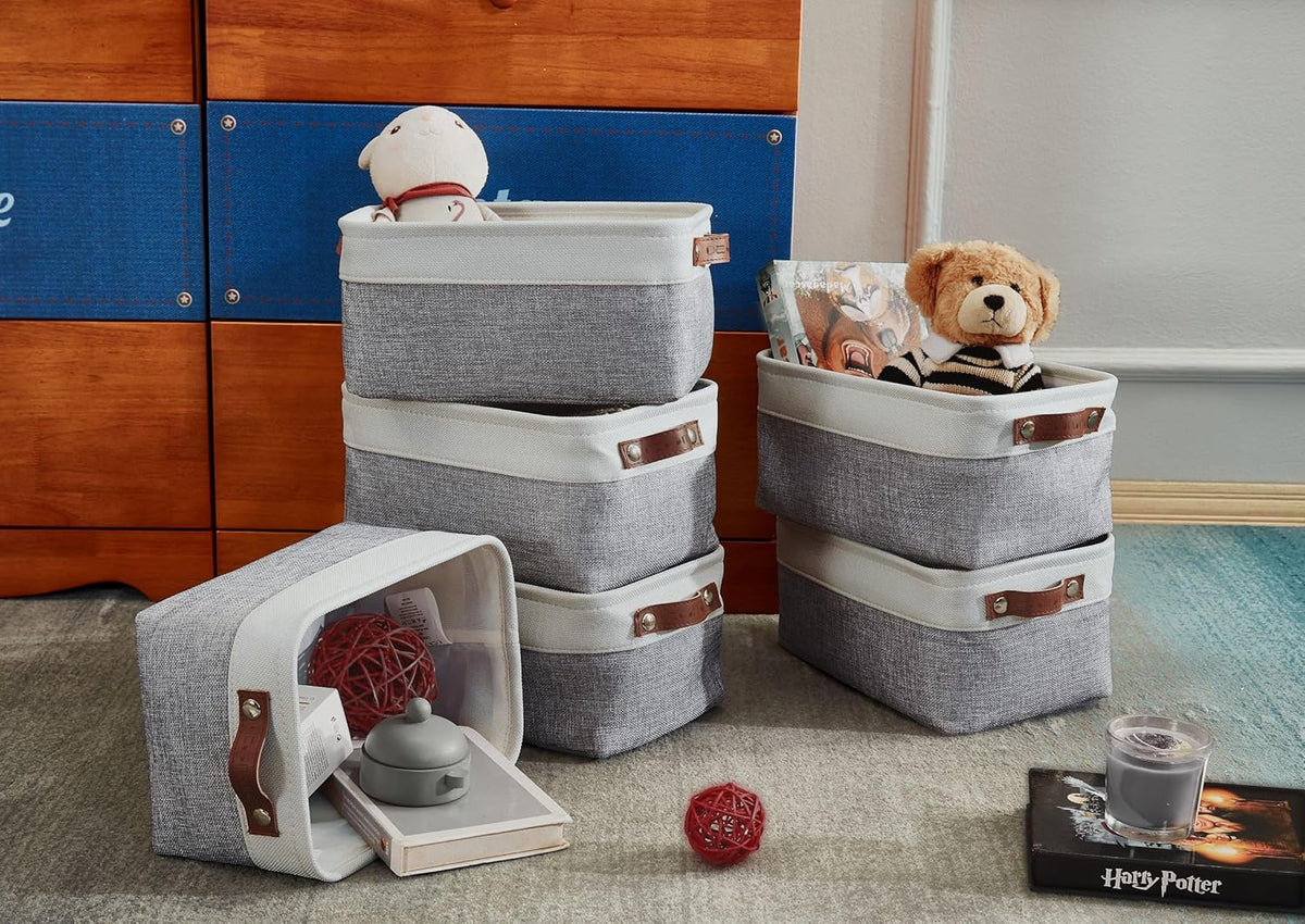 DECOMOMO Storage Bins, Large Fabric Storage Baskets for Shelves, Decorative Linen Closet Organizer, 15 x 11 x 9.5 inches (Beige & White, 3 Pack)