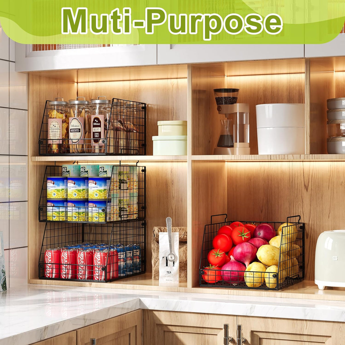 Jakyitvi XXL Stackable Wire Storage Basket, Extra Large Capacity Pantry Organizer and Storage, Muti-Purpose for Fruit Vegetable Basket & Toy Bin & Snack Organizer