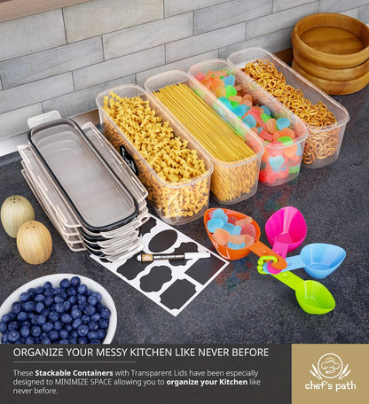 Chef's Path Airtight Food Storage Containers with Lids (Set of 4/3.6 Liters Each), Plastic Spaghetti Container for Pasta & Dry Food Storage, BPA Free Pantry Organizer Set with Kitchen Accessories