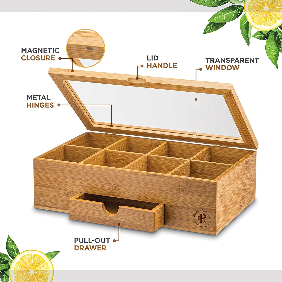 Tea Bag Organizer with Drawer - Bamboo Tea Box Organizer, 8-Compartment Tea Storage Box with Acrylic Lid and Magnetic Closure, Tea Box for Kitchen Counter, Gifts for Mom, Wife, Tea Lovers