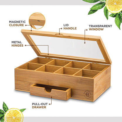 Tea Bag Organizer with Drawer - Bamboo Tea Box Organizer, 8-Compartment Tea Storage Box with Acrylic Lid and Magnetic Closure, Tea Box for Kitchen Counter, Gifts for Mom, Wife, Tea Lovers