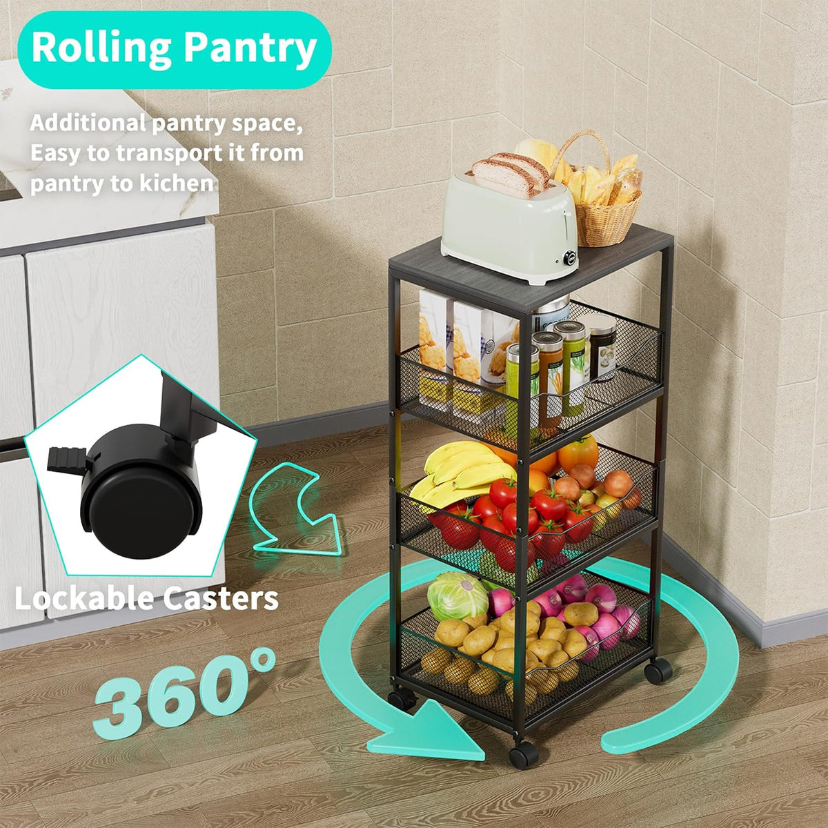 HapiRm Fruit Basket Kitchen Cart - 4-Tier Rolling Storage Cart with Wheels, Fruit Vegetable Basket with Wood Top, Pantry Utility Kitchen Organizer for Fruit Potato Onion Vegetable Bread Snack