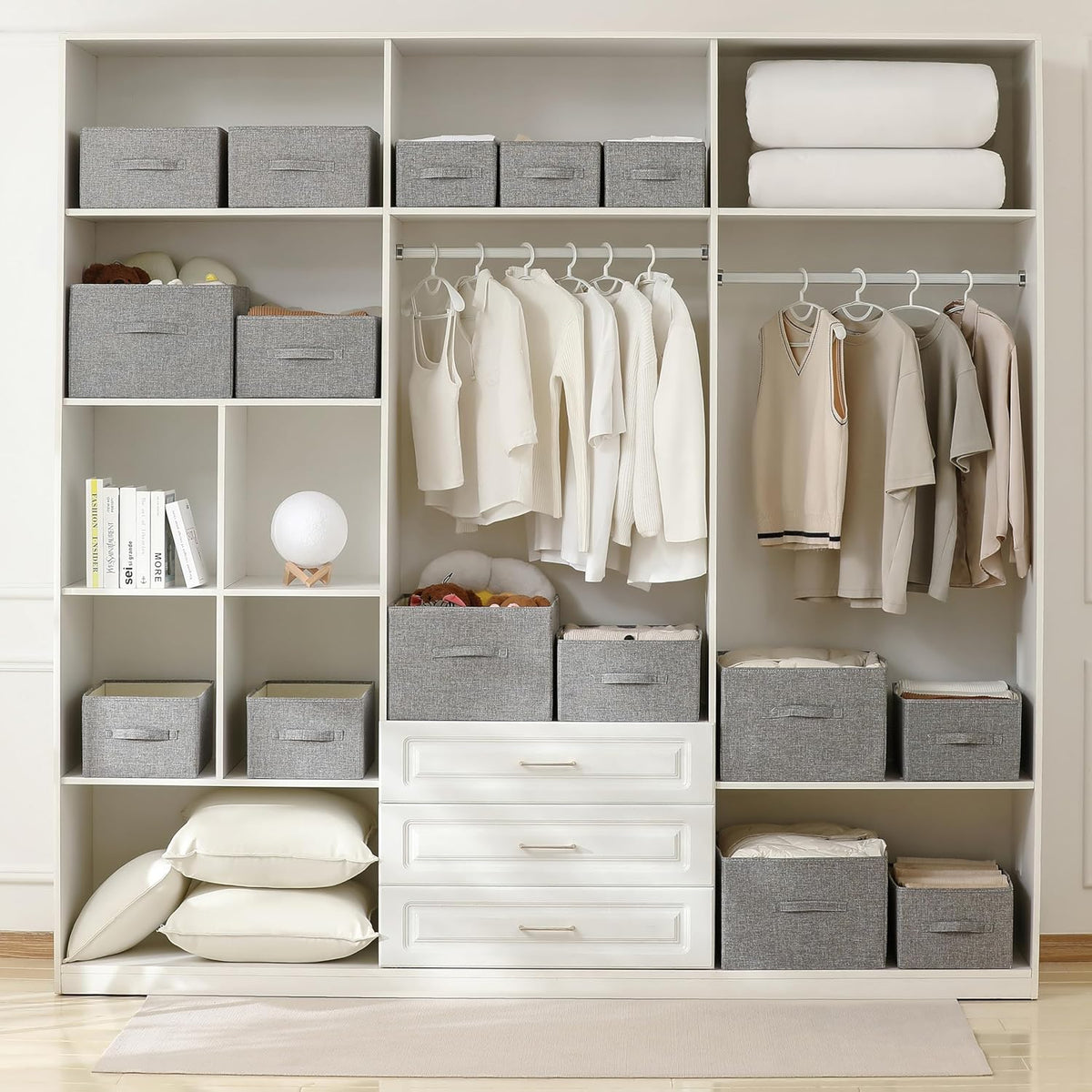 Linen Folding Storage Bins, 3 Pack Large Storage Baskets, Washable, Clothing Storage Bins with Handle, Closet Organizer for Storage Sweater,Sheets(Beige, 18½"x11 x8½)