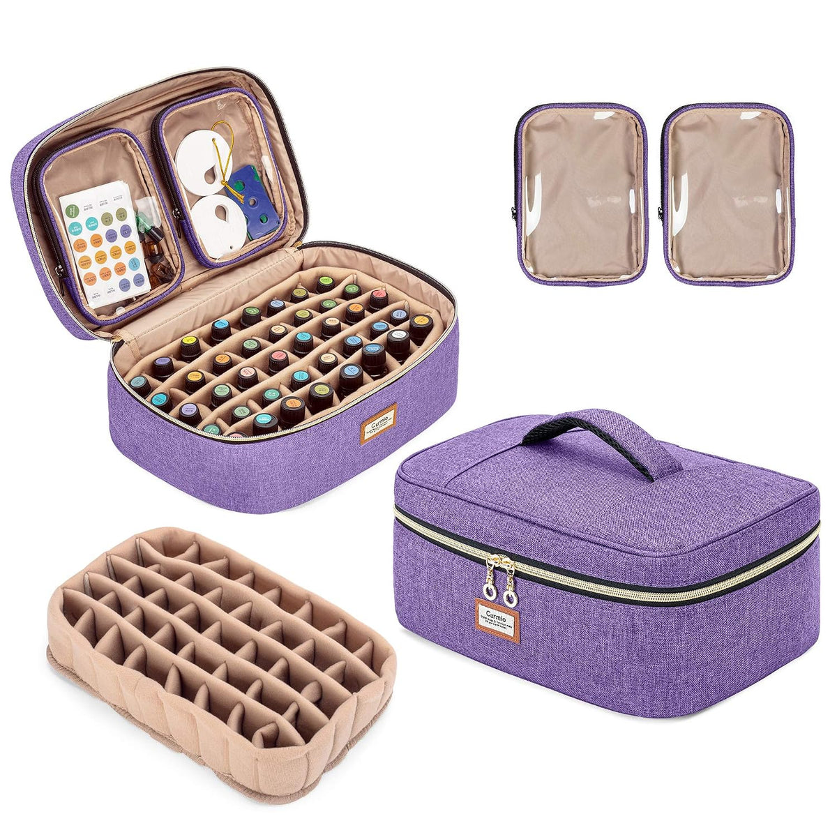 CURMIO Essential Oil Storage Case for 40 Bottles (5ml-30ml), Essential Oils Organizer Case with 2 Detachable Visible Pouches and Portable Handle, Patented Design, Gray (Bag Only)
