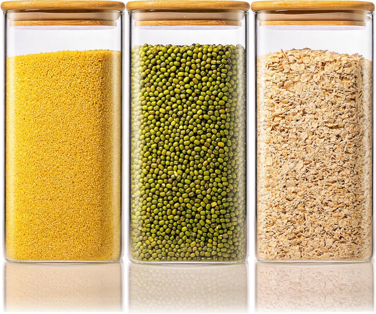 Extra Large Square Glass Flour & Sugar Storage Containers with Airtight Lids, 168 floz - Glass Jars with Bamboo Lids for Pantry, Air tight Food Storage Containers for Cereal, Pasta, Rice