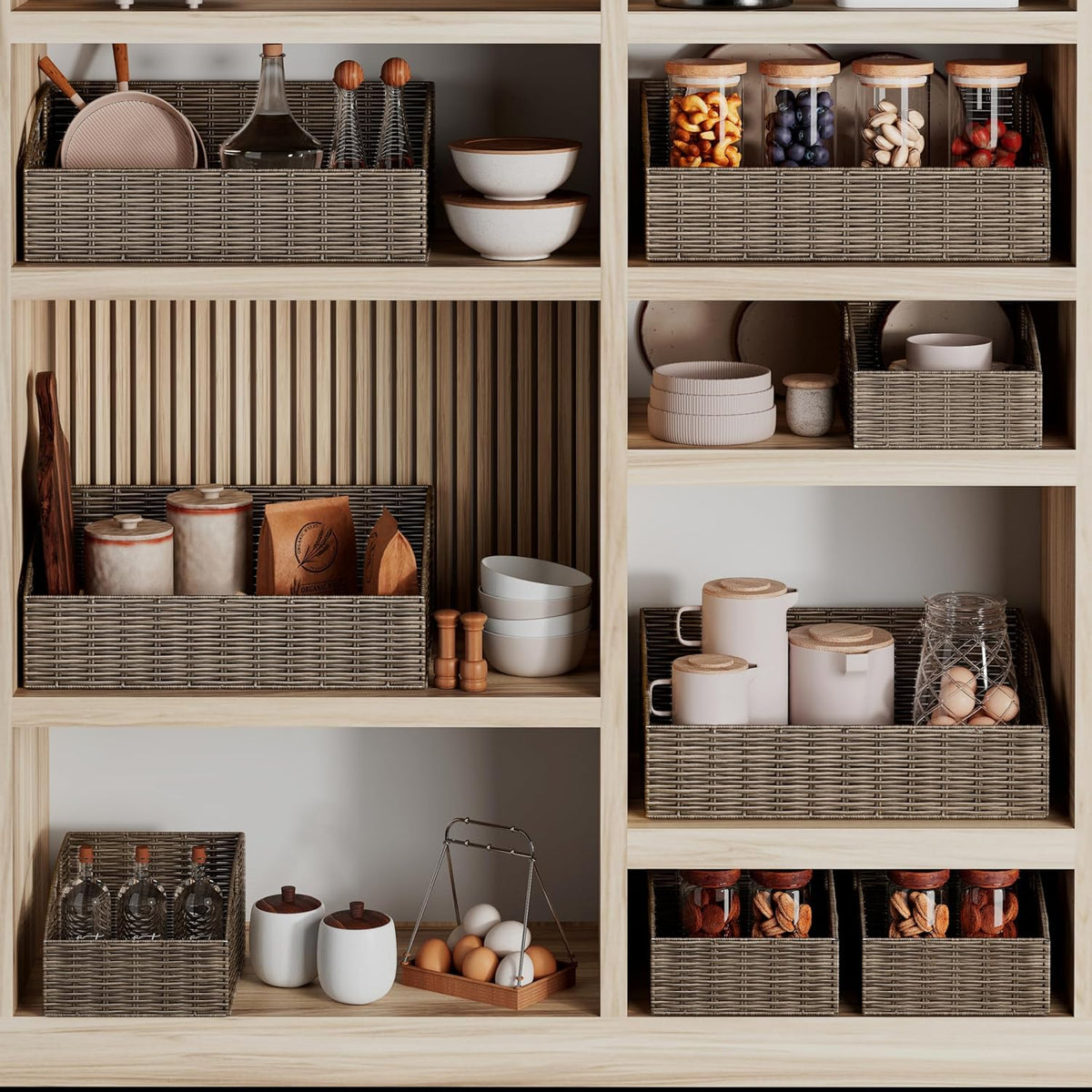 Rattan Storage Baskets, Handwoven Wicker Storage Bins with Built-in Handles, Storage Container Baskets for Shelves, Bedroom, Bathroom, Laundry Room or Kitchen(Natural)