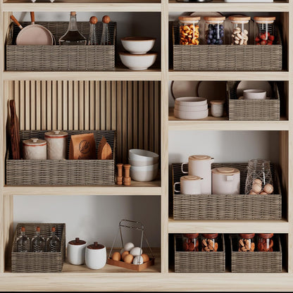 Rattan Storage Baskets, Handwoven Wicker Storage Bins with Built-in Handles, Storage Container Baskets for Shelves, Bedroom, Bathroom, Laundry Room or Kitchen(Natural)