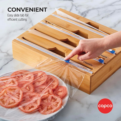 Copco In Drawer or Mounted 4 Compartment Organizer for Plastic, Foil, Wax and Parchment Paper featuring Easy Slide Tabs for Perfect Cut, With 21 Customizable Labels, Bamboo, 13.3 x 11 x 3 Inch