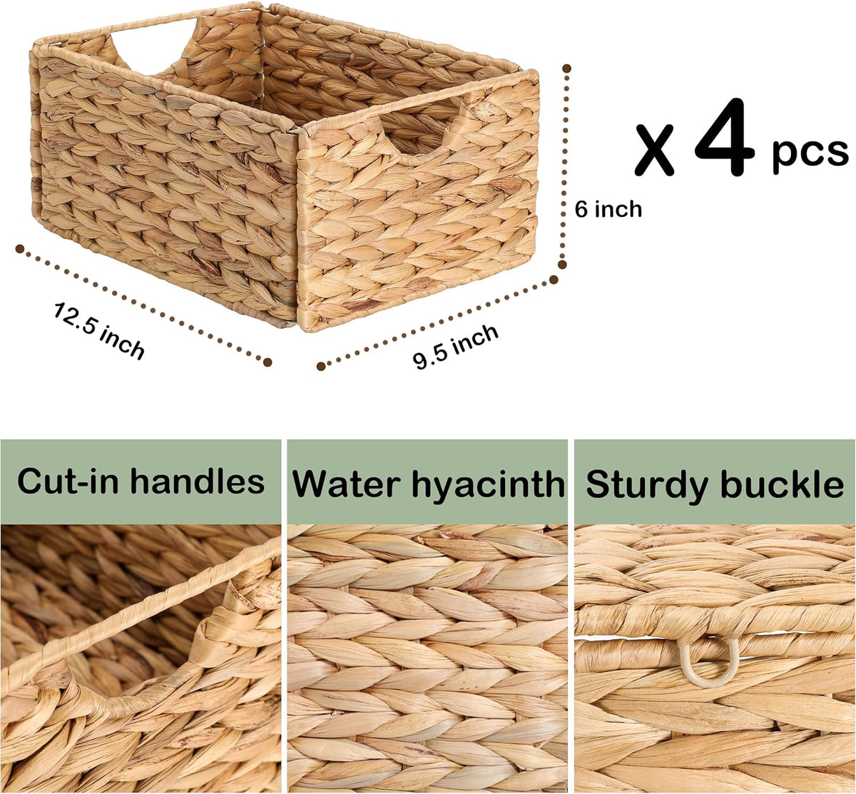 Water Hyacinth Pantry Baskets Set of 4, 12.5 x 9.5 x 6in Hanging Wicker Storage Baskets for Shelves, Pantry Baskets, Bathroom Shelves Storage Basket