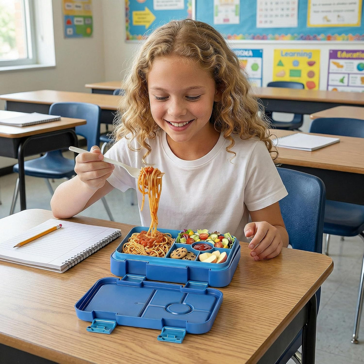 Bento Lunch Box for Kids, 6 Compartments BPA Free, Dishwasher Safe Back to School Snack Bento Lunch Containers Boxes, Ideal Portion Sizes for On-the-Go Meal, Ages 3+, School, Green Patterned