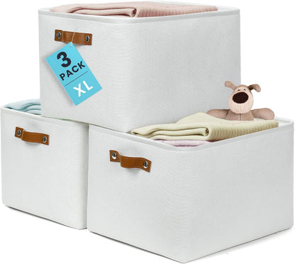 OrganiHaus 12x8in Canvas Storage Baskets 3 Pack | SMALL Fabric Bins for Shelves | Pantry & Bathroom Organizer | Beige/Off-White
