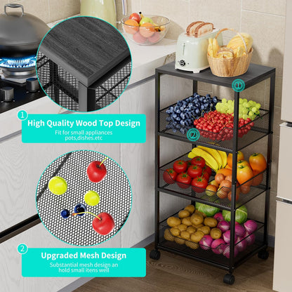 HapiRm Fruit Basket Kitchen Cart - 4-Tier Rolling Storage Cart with Wheels, Fruit Vegetable Basket with Wood Top, Pantry Utility Kitchen Organizer for Fruit Potato Onion Vegetable Bread Snack