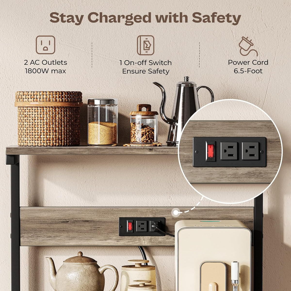SUPERJARE Kitchen Bakers Rack with Power Outlet, Coffee Bar Table 4 Tiers, Kitchen Microwave Stand with 6 S-shaped Hooks, Storage Shelf Rack for Spices, Pots and Pans - Rustic Brown