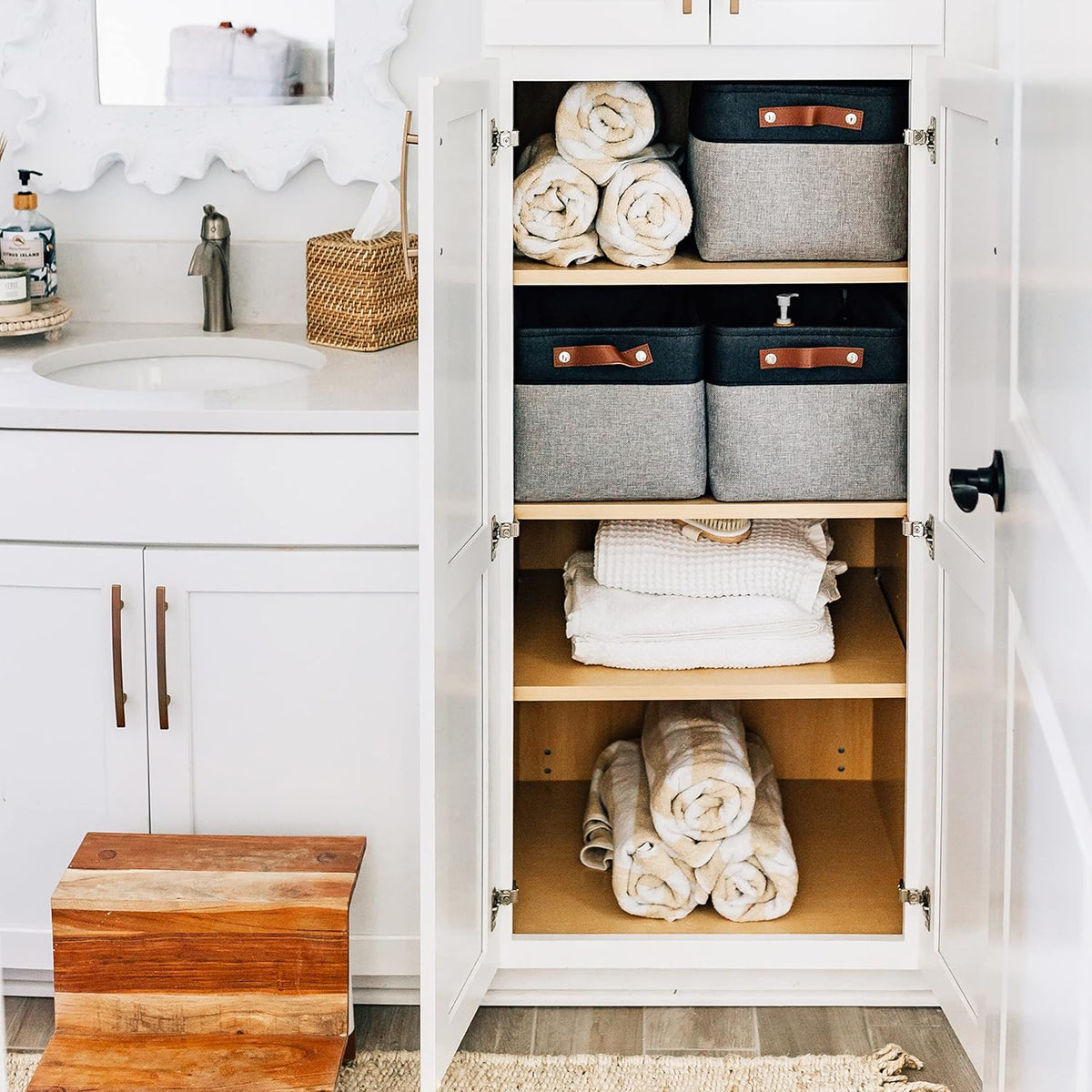 OrganiHaus 12x8in Canvas Storage Baskets 3 Pack | SMALL Fabric Bins for Shelves | Pantry & Bathroom Organizer | Beige/Off-White