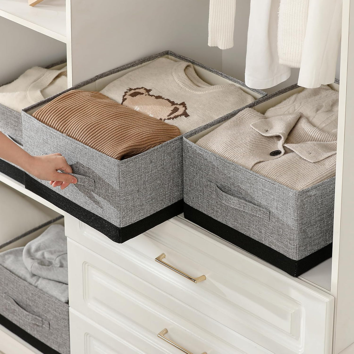 Linen Folding Storage Bins, 3 Pack Large Storage Baskets, Washable, Clothing Storage Bins with Handle, Closet Organizer for Storage Sweater,Sheets(Beige, 18½"x11 x8½)