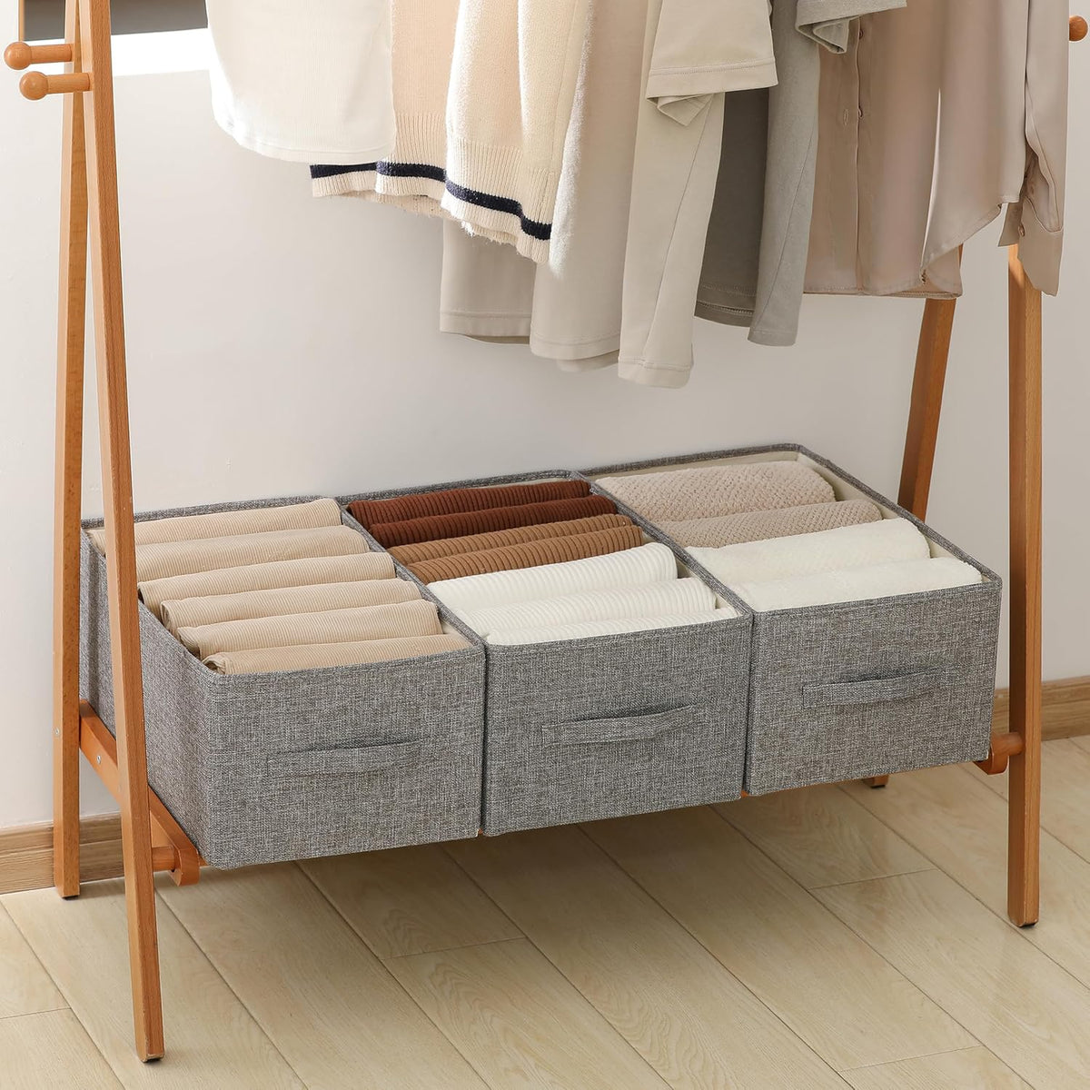 Linen Folding Storage Bins, 3 Pack Large Storage Baskets, Washable, Clothing Storage Bins with Handle, Closet Organizer for Storage Sweater,Sheets(Beige, 18½"x11 x8½)
