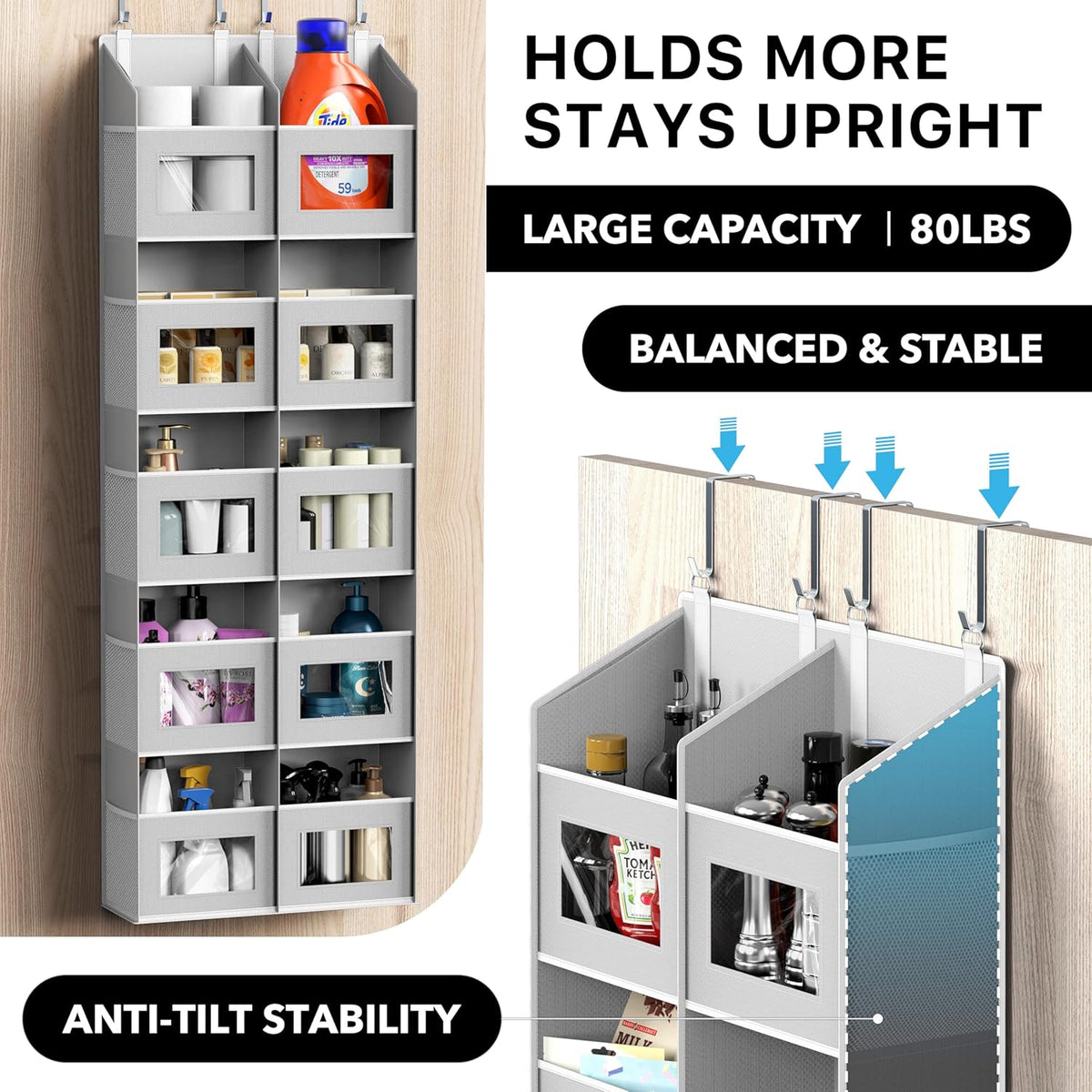Simple Houseware Large Heavy Duty Over the Door Organizer with 5 Clear Window Pockets, 45 lbs Capacity for Pantry, Closet, Bathroom, Gray