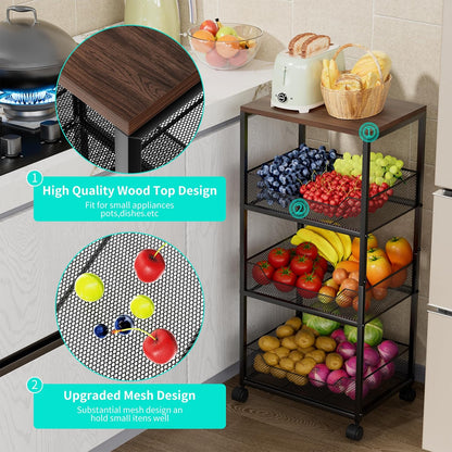 HapiRm Fruit Basket Kitchen Cart - 4-Tier Rolling Storage Cart with Wheels, Fruit Vegetable Basket with Wood Top, Pantry Utility Kitchen Organizer for Fruit Potato Onion Vegetable Bread Snack