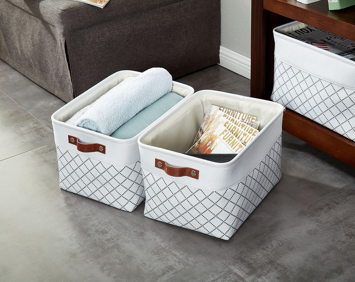 DECOMOMO Storage Bins, Large Fabric Storage Baskets for Shelves, Decorative Linen Closet Organizer, 15 x 11 x 9.5 inches (Beige & White, 3 Pack)