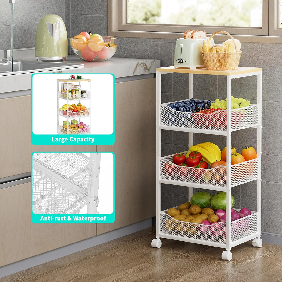 HapiRm Fruit Basket Kitchen Cart - 4-Tier Rolling Storage Cart with Wheels, Fruit Vegetable Basket with Wood Top, Pantry Utility Kitchen Organizer for Fruit Potato Onion Vegetable Bread Snack