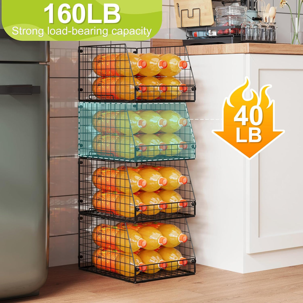 Jakyitvi XXL Stackable Wire Storage Basket, Extra Large Capacity Pantry Organizer and Storage, Muti-Purpose for Fruit Vegetable Basket & Toy Bin & Snack Organizer