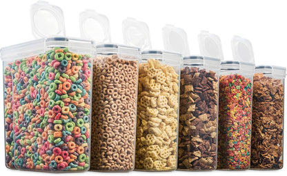 6 Pack Airtight Cereal Food Storage Container - BPA Free Plastic Kitchen and Pantry Organization Canisters for, Dry Pet Food, Flour, Sugar, Rice, Nuts, Snacks & More (135.5 Oz) Labels & Chalk Marker