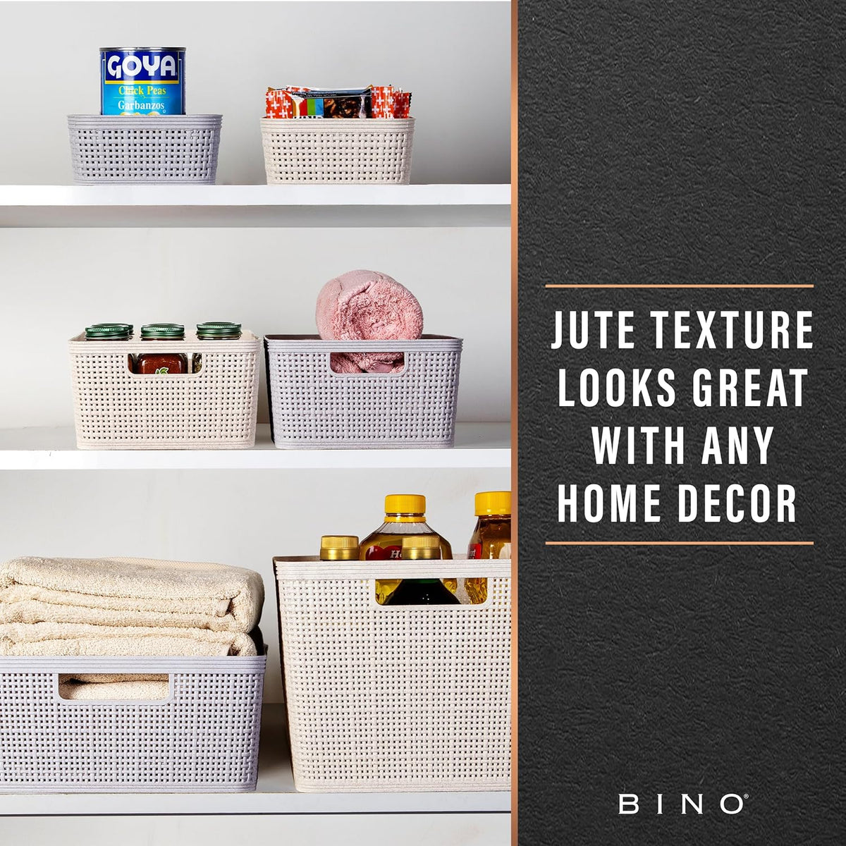 BINO | Woven Plastic Basket | Small (Natural), 5-Pack | THE JUTE COLLECTION | Home Organization, Space - Saving Storage, Stylish Design | Jute Basket | Plastic Storage Basket