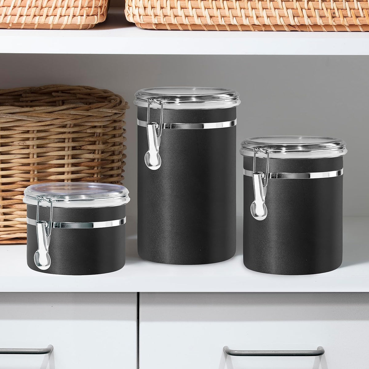 Oggi Stainless Steel Kitchen Canister 152 fl oz - Airtight Clamp Lid, Clear See-Thru Top - Ideal for Kitchen Storage, Food Storage, Pantry Storage. Jumbo Size 8" x 8".