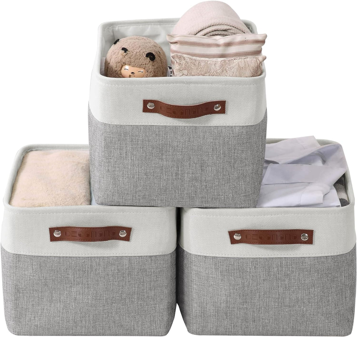 DECOMOMO Storage Bins, Large Fabric Storage Baskets for Shelves, Decorative Linen Closet Organizer, 15 x 11 x 9.5 inches (Beige & White, 3 Pack)