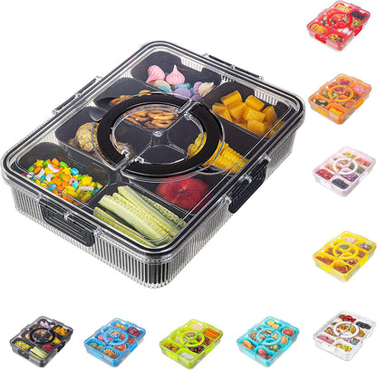 Patent Design Ribbed Snackle Box Container Snack Container Divided Serving Tray with Lid and Handle, 8 Divider Portable Snacklebox for Travel Beach for Charcuterie Veggie Fruit Candy,1 Pack
