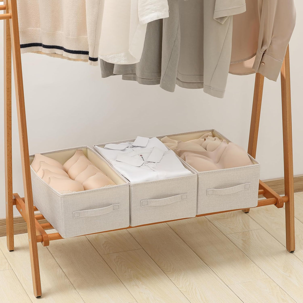Linen Folding Storage Bins, 3 Pack Large Storage Baskets, Washable, Clothing Storage Bins with Handle, Closet Organizer for Storage Sweater,Sheets(Beige, 18½"x11 x8½)