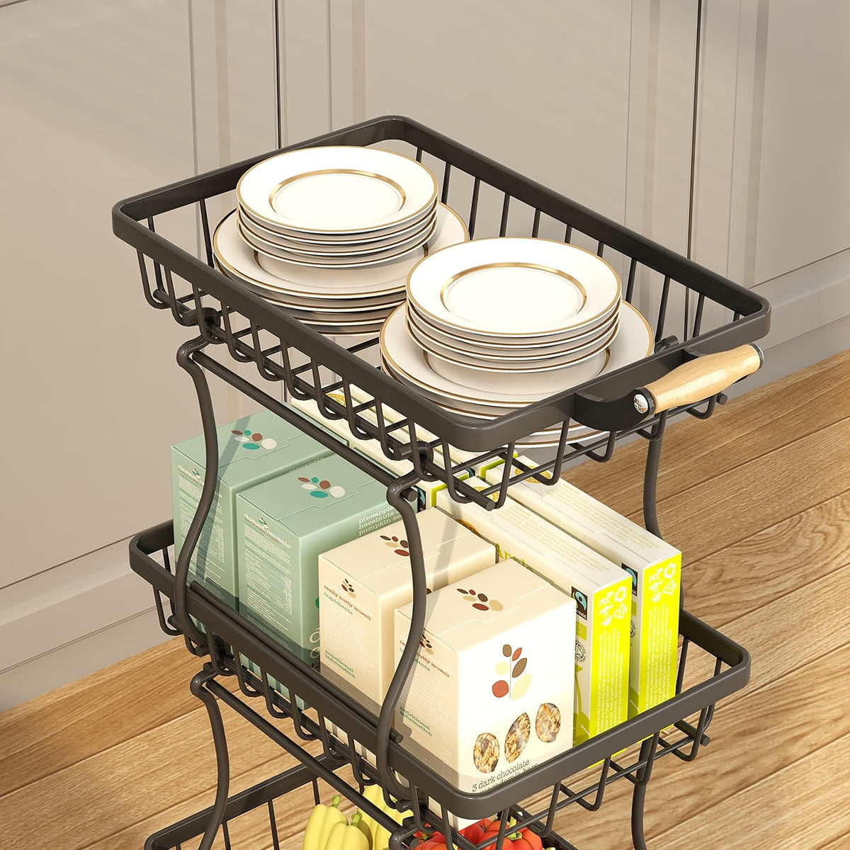 CHLORYARD 4 Tier Slim Fruit Basket for Kitchen, Stackable Metal Wire Fruit Vegetable Storage Baskets Organizer Stand on Wheels, Produce Basket Potato Onion Storage Bins Rack for Pantry. (Black)