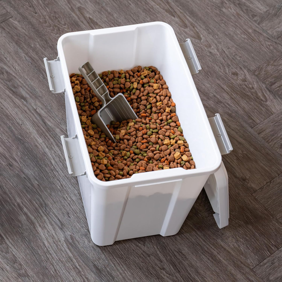 IRIS USA Stackable Dog Food Storage Container with 2 Cup Scoop, 4 Secure Latches, Fits up to 30 lbs, Pet Dry Food Bin, Gasket Seal Lid, BPA Free, Stackable, Easy Measure, Gray/Dark Gray