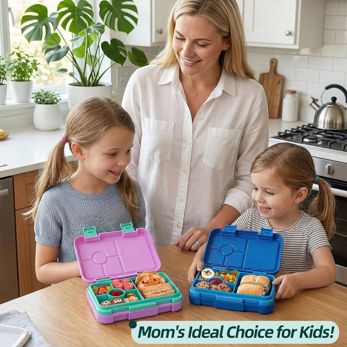 Bento Lunch Box for Kids, 6 Compartments BPA Free, Dishwasher Safe Back to School Snack Bento Lunch Containers Boxes, Ideal Portion Sizes for On-the-Go Meal, Ages 3+, School, Green Patterned