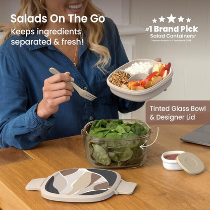 Bentgo Glass Prints Salad Container - 7.6-Cup Tinted Glass Salad Bowl with Airtight Lid, Leak-Proof Sauce Container, 4-Compartment Bento Meal Prep Tray & Reusable Fork (Floral Maximalist - Sea)