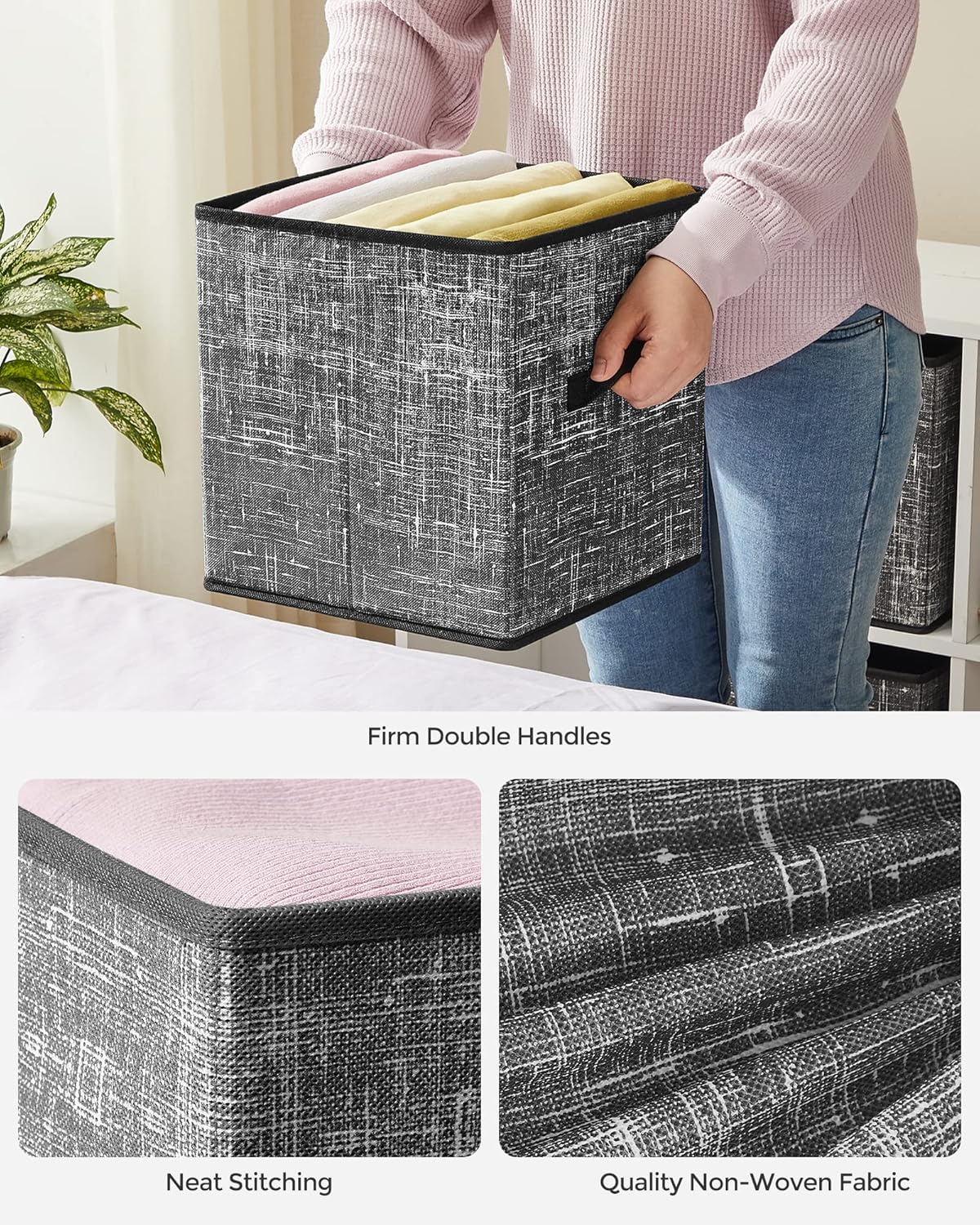 SONGMICS Storage Cubes, 11-Inch Non-Woven Fabric Bins with Double Handles, Set of 6, Closet Organizers for Shelves, Foldable, for Clothes, Cattail Gray UROB26LG