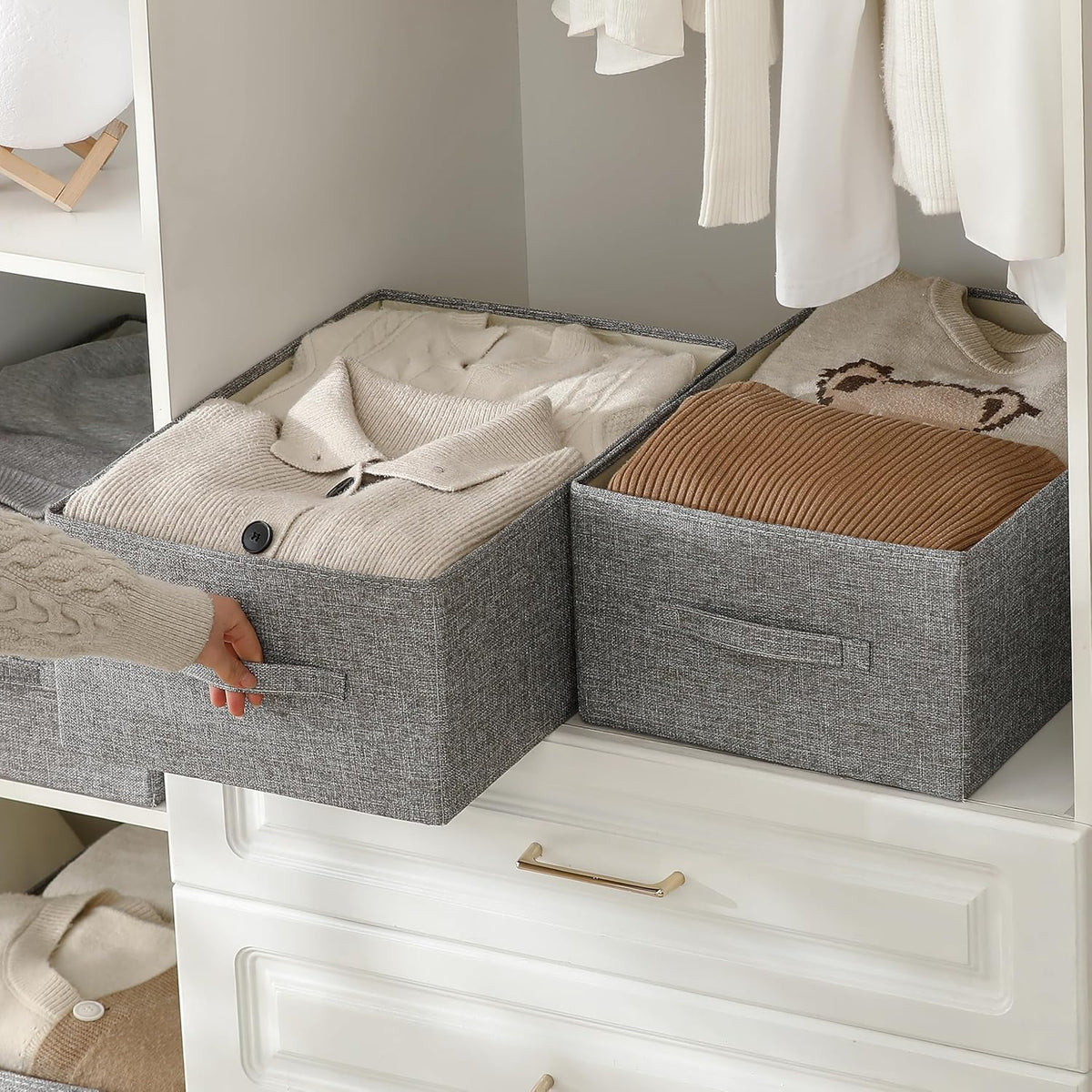 Linen Folding Storage Bins, 3 Pack Large Storage Baskets, Washable, Clothing Storage Bins with Handle, Closet Organizer for Storage Sweater,Sheets(Beige, 18½"x11 x8½)