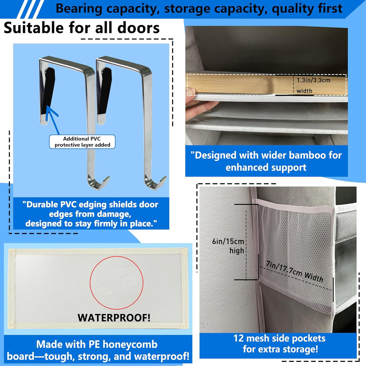 Over the Door Organizer Storage 6 Tier, 12 Large Capacity Side Pockets, Heavy Duty Metal Reinforced Hook Anti Tilt 75 LB Load Behind Door Storage for Bedroom Bathroom Pantry Nursery