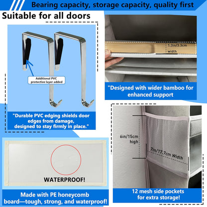 Over the Door Organizer Storage 6 Tier, 12 Large Capacity Side Pockets, Heavy Duty Metal Reinforced Hook Anti Tilt 75 LB Load Behind Door Storage for Bedroom Bathroom Pantry Nursery