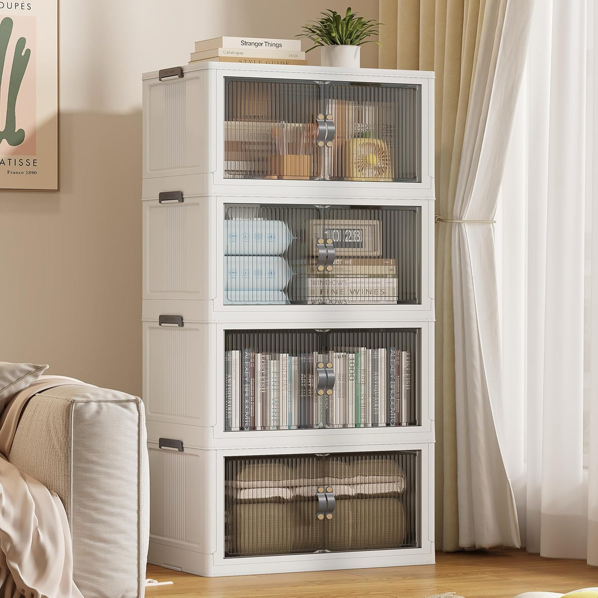 SAILUN 145Gal/580Qt Stackable Storage Bins Folding Collapsible Storage Bins with a Lid, Closet Organizers and Storage,White 26" W x 17" D x 71" H