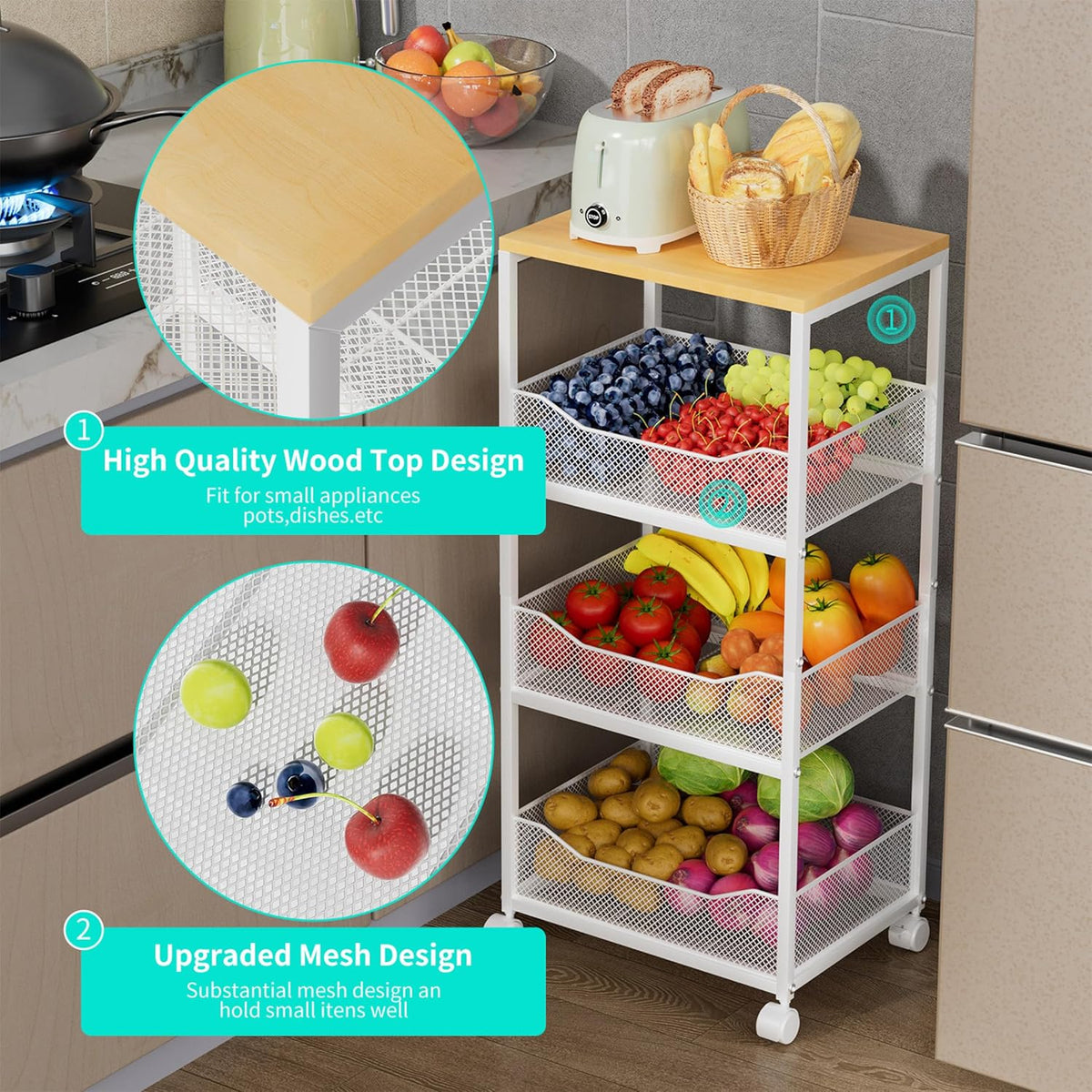 HapiRm Fruit Basket Kitchen Cart - 4-Tier Rolling Storage Cart with Wheels, Fruit Vegetable Basket with Wood Top, Pantry Utility Kitchen Organizer for Fruit Potato Onion Vegetable Bread Snack
